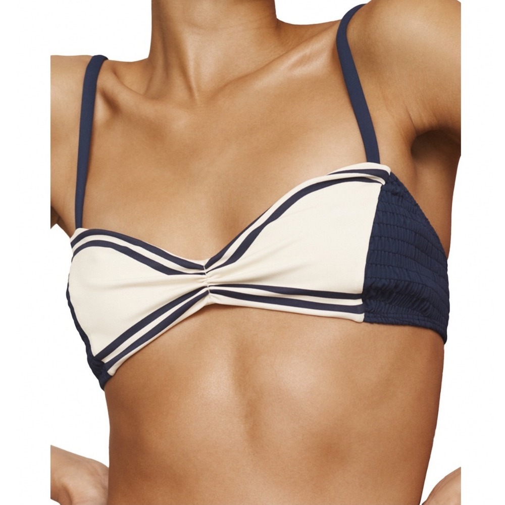 ALÉMAIS Marine Smocked Bralette Bikini Top Cream Navy Blue XS NWT